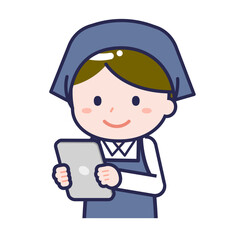 タブレットを使う「スタッフ」の男性