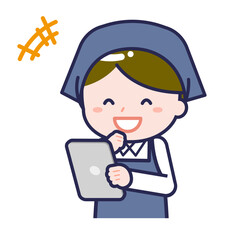 タブレットを使う「スタッフ」の男性