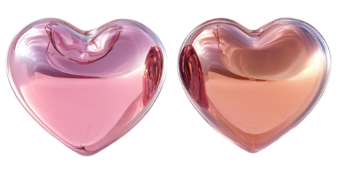 Valentine's day, pink hearts, love symbols, romantic decor, reflective surfaces, metallic shine, isolated on transparent background