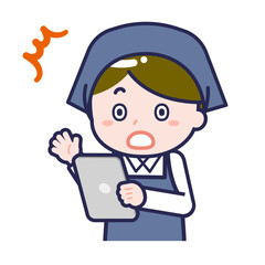 タブレットを使う「スタッフ」の男性