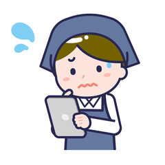 タブレットを使う「スタッフ」の男性