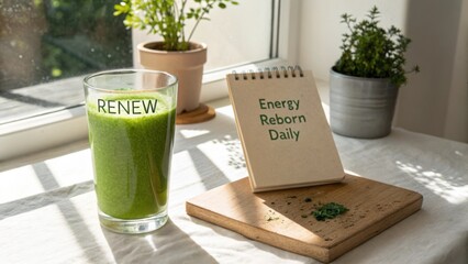 Refreshing Green Smoothie in a Glass with Notes for Daily Energy and Renewal in a Bright Indoor Setting