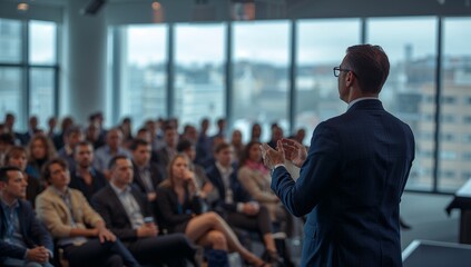Male Business Presenter Wearing Suit Speaking to Audience in Modern Conference Room