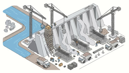 Fototapeta premium Isometric vector illustration of a hydroelectric dam construction site