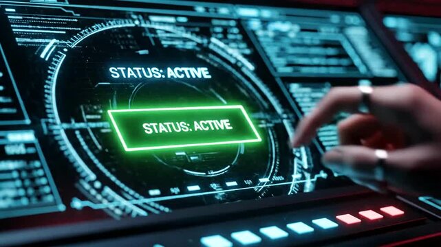 Futuristic hand pressing a launch button on a high-tech control panel