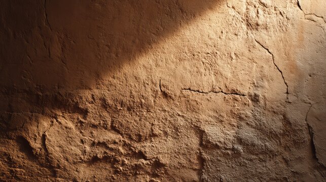 Textured earthy wall with shadows highlighting crevices and patterns, showcasing natural elements in warm tones and rustic appearance for artistic background
