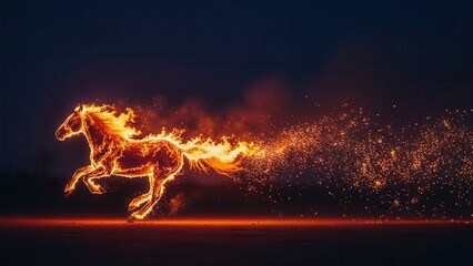 A powerful conceptual digital illustration shows a magnificent horse galloping, completely engulfed in vibrant orange flames and leaving a fiery trail against a dark background.