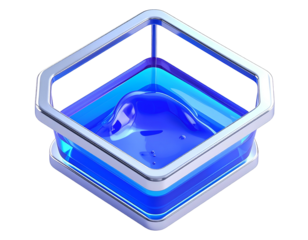 Isometric, shiny container with blue fluid and a central peak