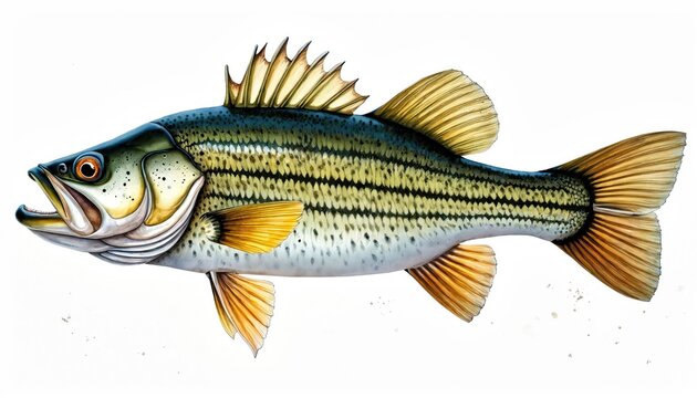 Striped bass fish illustration. Predatory fish swims with open mouth showing sharp teeth. Detailed watercolor painting with realistic fins scales. Aquatic wildlife, sport fishing concept.