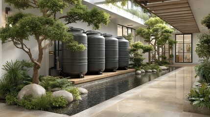 Obraz premium Modern Contemporary Courtyard with Water Feature and Rainwater Harvesting System