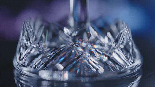 Close-up of a crystal glass base with intricate patterns and reflections.
