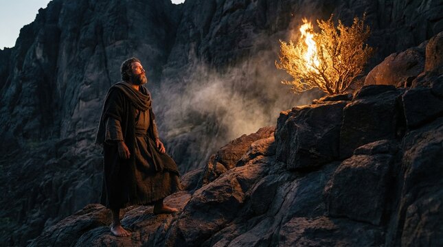 Man moses looking at the burning bush on mount sinai. Biblical story from exodus. Religious concept, spiritual journey, and divine encounter.