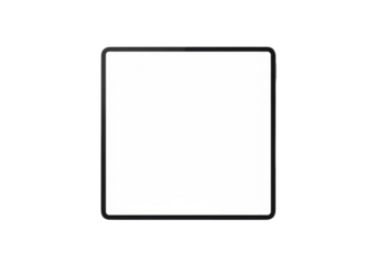 Ultra-thin square matte silver tablet computer with a blank white edge-to-edge screen, perfectly isolated on a seamless transparent background, flat lay. concept of minimalist technology design space.