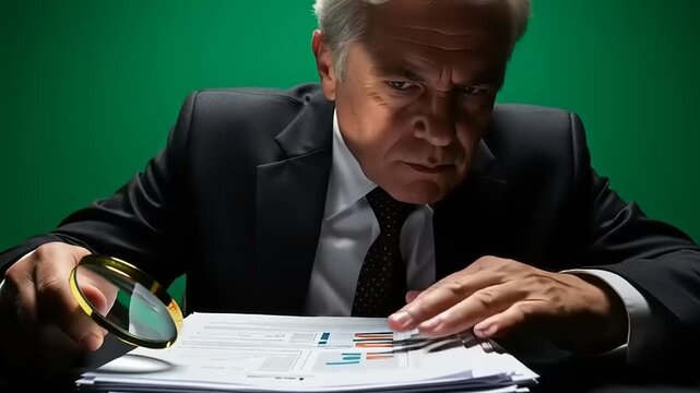 Man Examining Documents with Magnifying Glass.