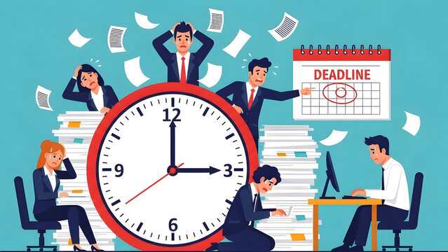 a business deadline concept where stressed corporate employees manage time pressure under a giant ticking clock with chaotic flying paperwork around.