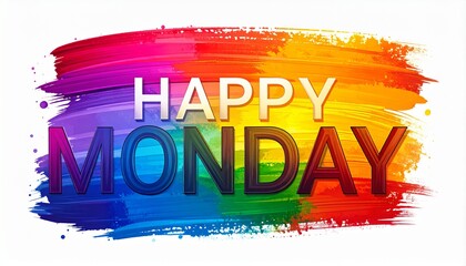 The word “HAPPY MONDAY” colorful spectrum paint brush strokes on a clean white background. Energetic concept