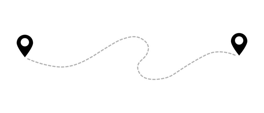 Map route icon with location pins, dotted travel path symbol, navigation journey graphic element