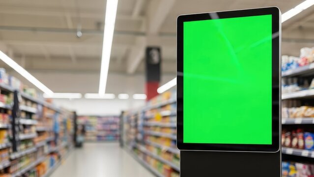 Green Screen Digital Signage in Supermarket Aisle with Blurred Background.
