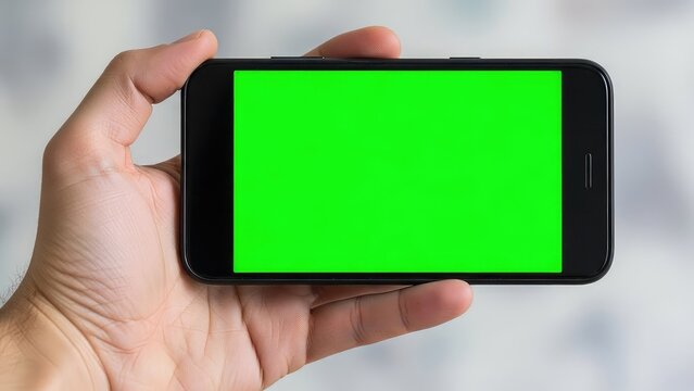 Hand holding black smartphone with green screen horizontally for mockup.