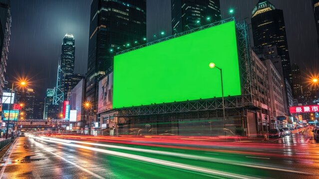 Large Green Screen Billboard in City at Night with Light Trails.