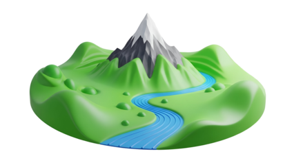 3D illustration of a mountain landscape with a river flowing through it isolated on transparent background