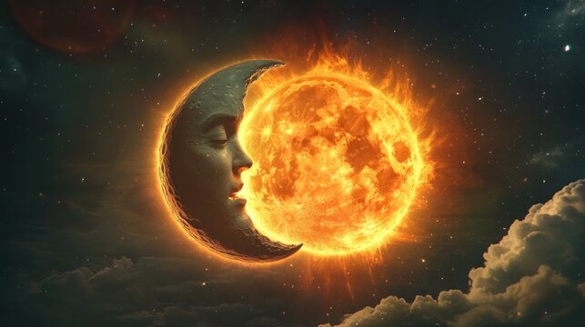 Cosmic kiss between moon and sun.  A serene moon, face close to the sun