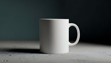 A white ceramic mug mockup on a concrete surface with a dark background