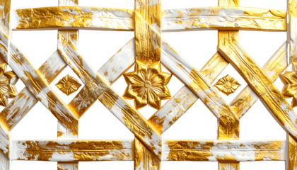 Ornate gold and white lattice, floral accents, on black background