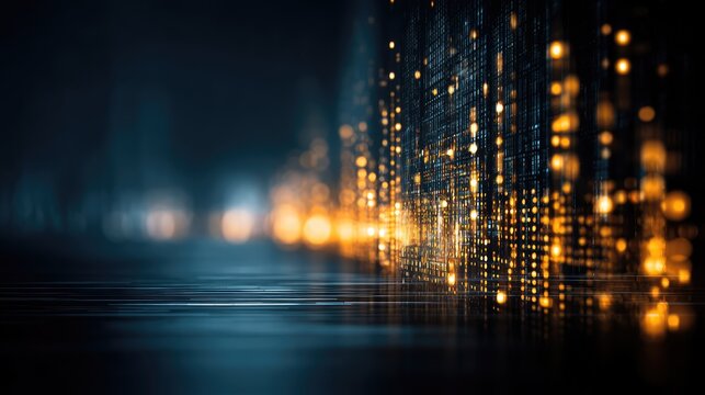Abstract digital background with glowing lights, binary code patterns, and a dark futuristic atmosphere suitable for technology and data themes