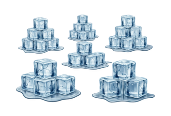 Stacked Ice Cubes on Transparent Background with Melting Water Showing Cool and Refreshing Texture