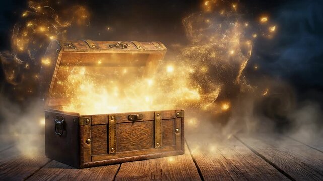 Magical treasure chest emitting golden sparkles and enchanting mist in a mystical setting
