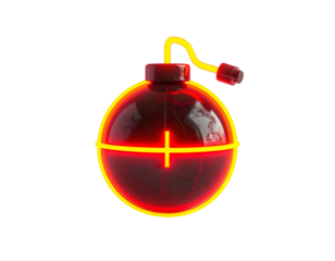 Stylized, red bomb with yellow outline, fuse, and crosshair, on black
