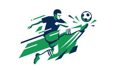 A soccer player kicking a ball with motion lines in green and blue hues on a white background.