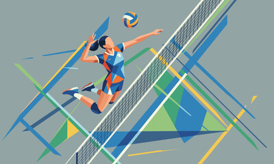 A female volleyball player in mid-air hitting a ball with her right hand, wearing a blue and orange uniform, against a dynamic geometric background.