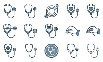 Collection of various stethoscope icons in blue line art style on a white background for medical and healthcare themes.