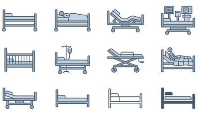Collection of various hospital bed icons in different styles and positions on a white background.