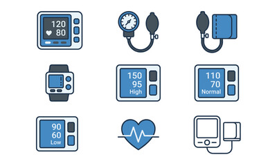 A collection of blue and white medical icons including blood pressure monitor, heart rate, and other health related devices on a white background.