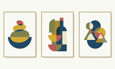 Three abstract geometric art pieces with colorful shapes in gold frames on a white wall with a minimalist aesthetic.