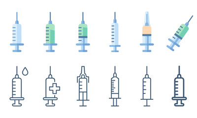 Vector illustration of various medical syringes and injectors in different styles and colors on a white background.