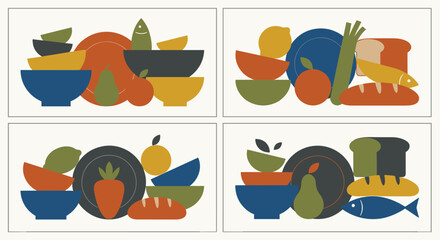 Four colorful flat lay compositions of various fruits and vegetables in bowls against a white background.