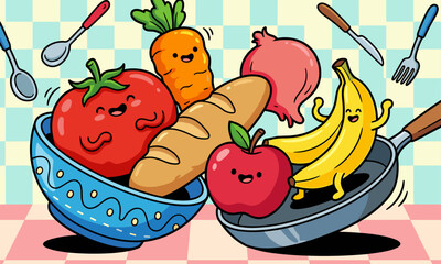 Cartoon vegetables and fruits in a frying pan with utensils on a kitchen countertop with a playful and chaotic mood.