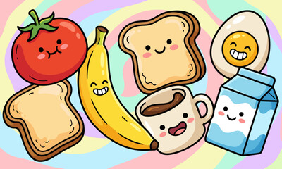 A colorful cartoon illustration of smiling breakfast foods including toast, fruit, and a beverage on a pastel background.