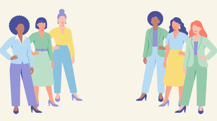 Diverse group of six women in various business casual outfits standing confidently in two rows against a plain background.