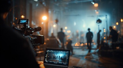 Fototapeta na wymiar Atmospheric Behind the Scenes Film Set with Camera Equipment Close Up