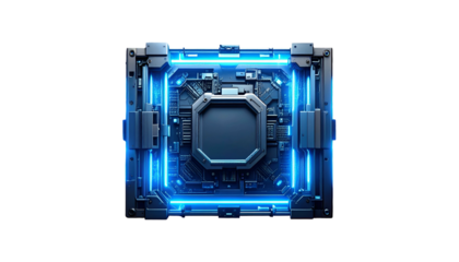 Intricate blue glowing circuit board with a central square