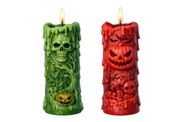 Halloween candles with burning flame, featuring spooky skull, jack-o'-lantern and haunted house motifs, transparent background