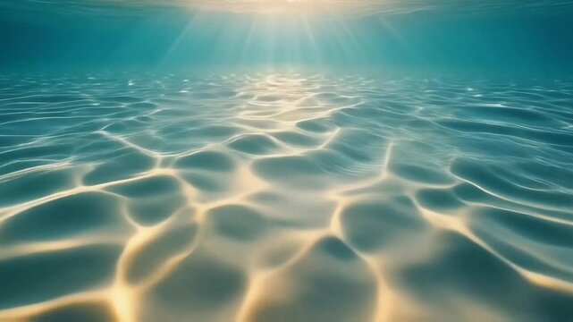 Sunlight rays penetrating clear turquoise water, forming soft ripples and reflections on the sandy seabed, creating a calm and refreshing underwater summer atmosphere.