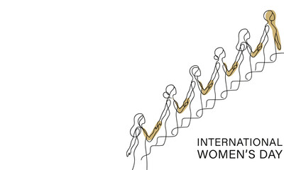 Vector illustration of people climbing steps celebrating International Women's Day with gold accents on a white background.