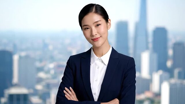 A professional Asian woman smiles with arms crossed, in a suit, before a blurred city backdrop
