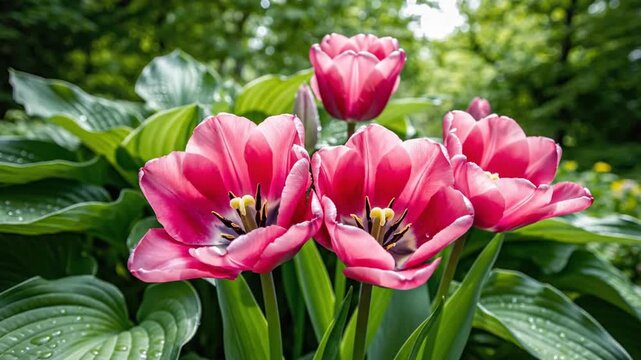 Elegant cinematic slow-motion footage showcasing vibrant pink tulip flowers blooming gracefully amidst lush green hosta foliage in a serene spring garden, captured in high-resolution 4K detail.